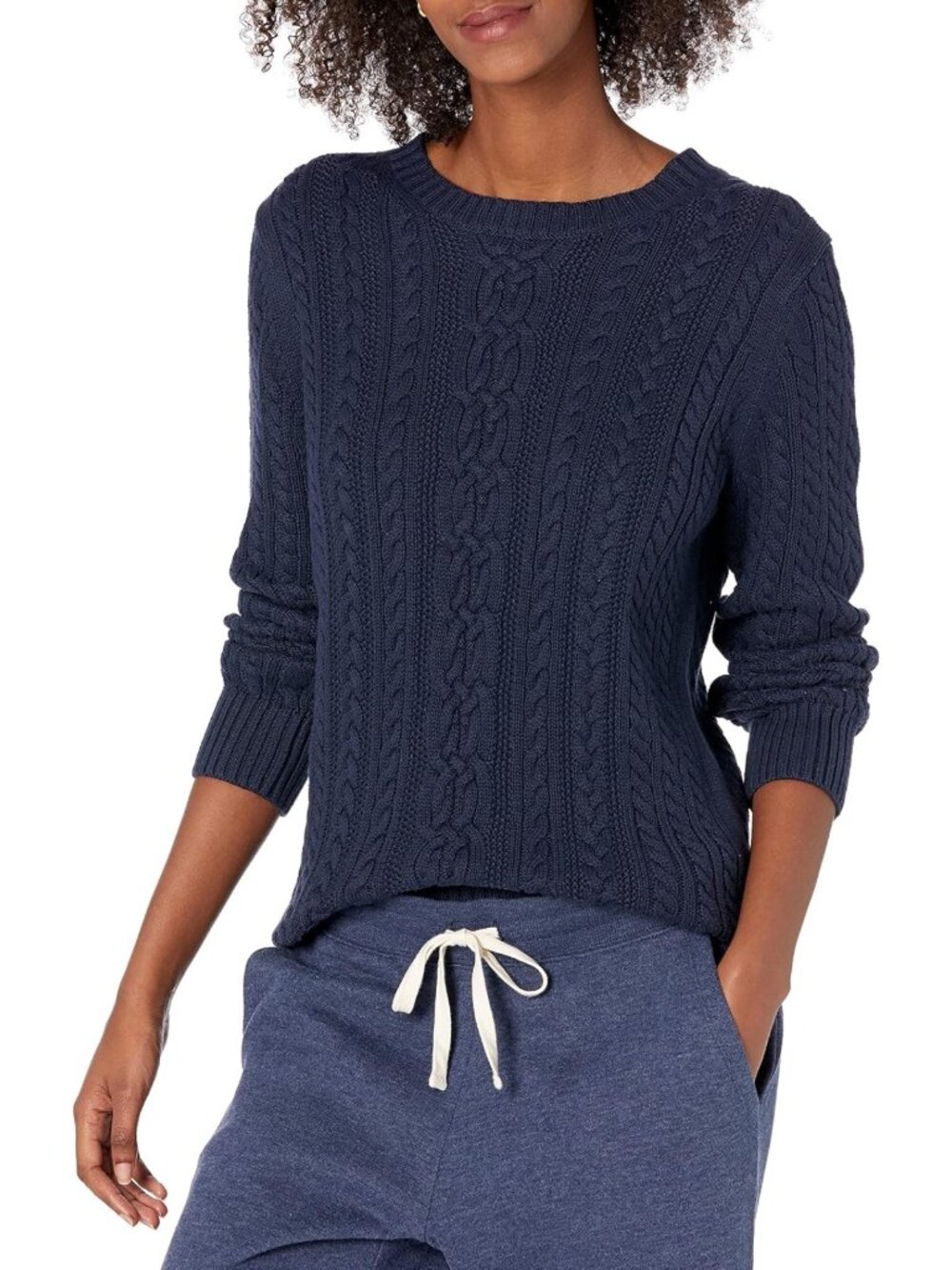 Cozy Women's Regular Fit Soft Cotton Cable Knit Ribbed Crewneck Sweater